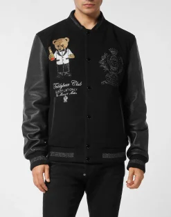 PHILIPP PLEIN Wool & Leather Varsity Bomber Jacket Teddy Stones>Uomo Giacche Di Pelle|Giacche E Cappotti