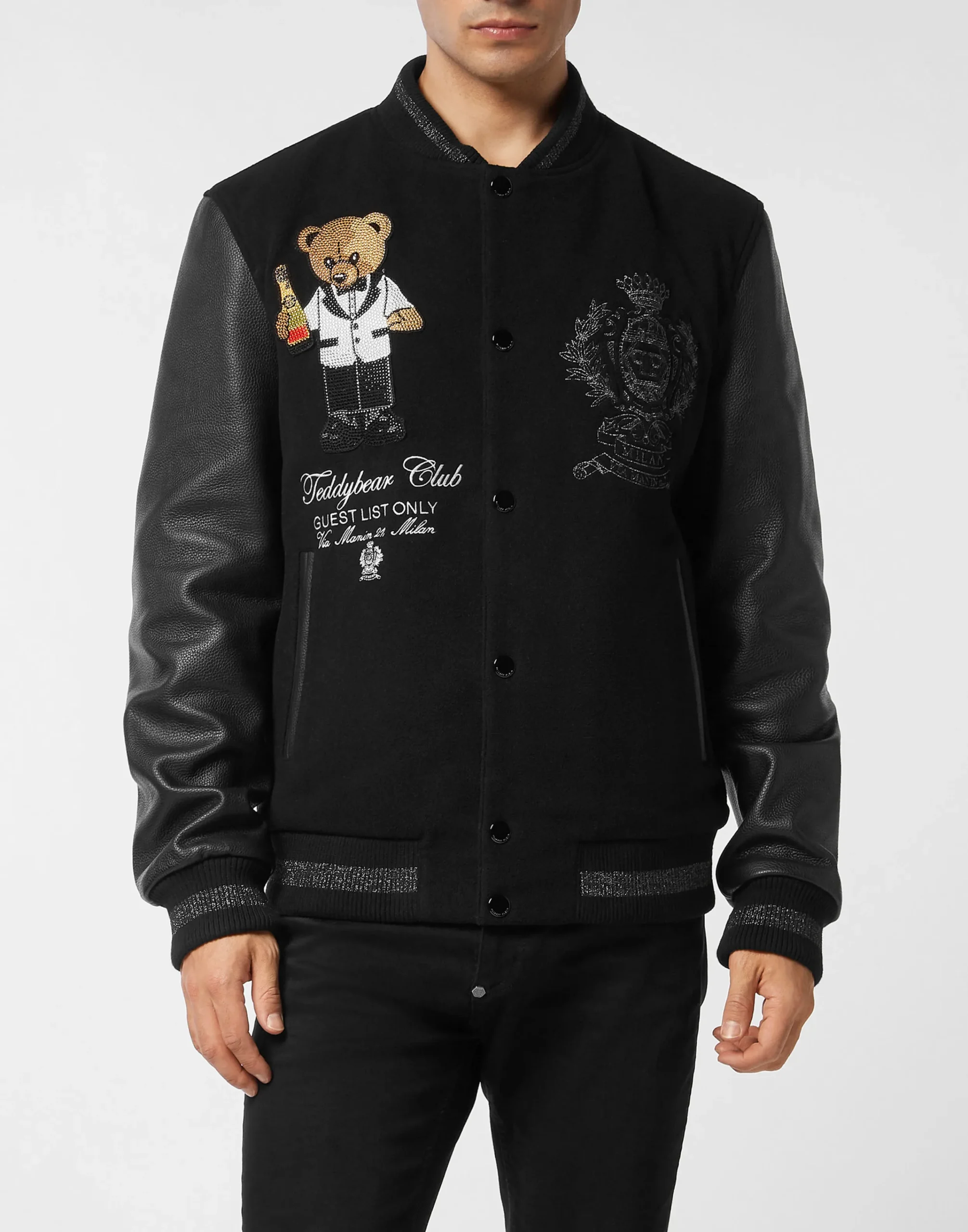 PHILIPP PLEIN Wool & Leather Varsity Bomber Jacket Teddy Stones>Uomo Giacche Di Pelle|Giacche E Cappotti