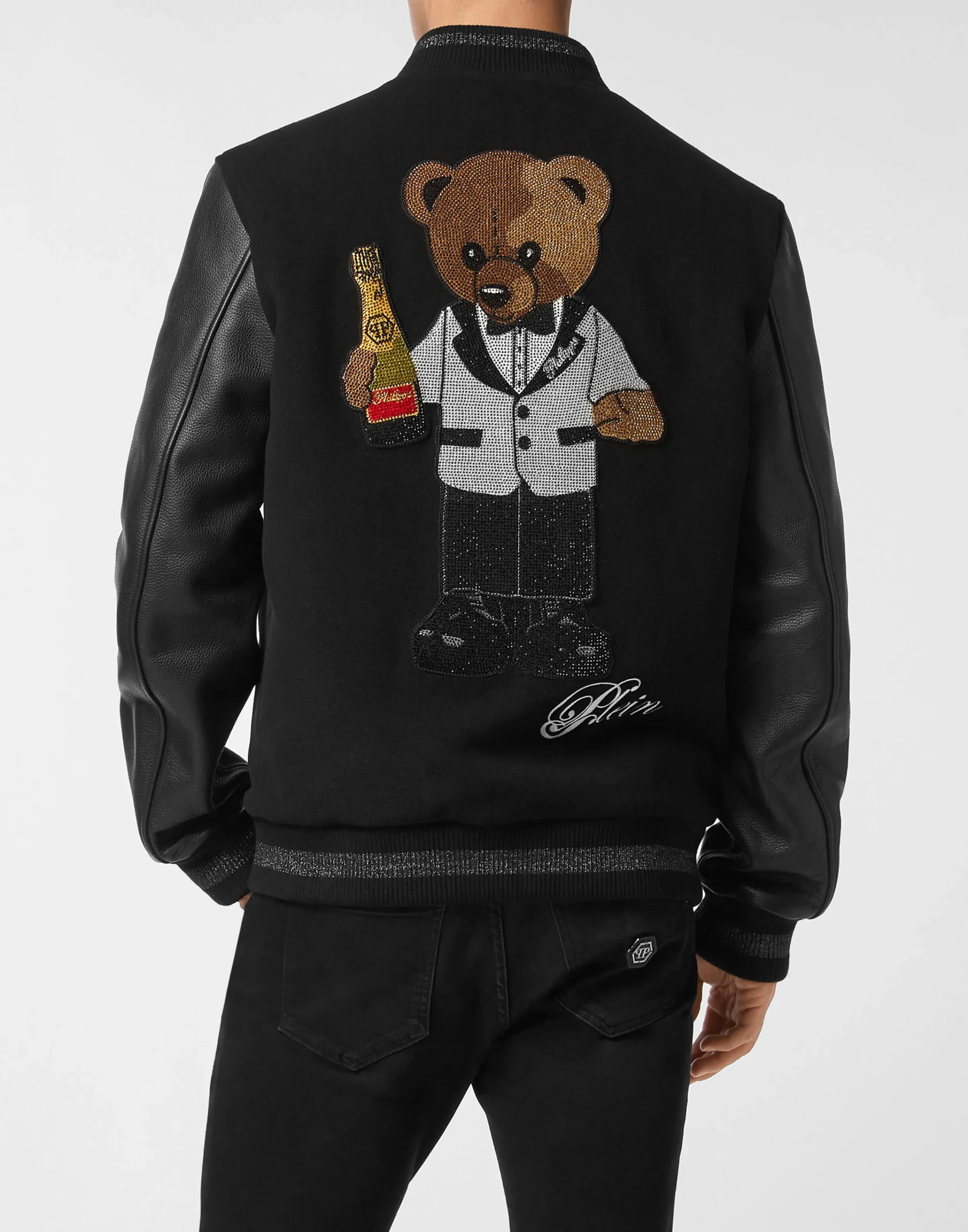 PHILIPP PLEIN Wool & Leather Varsity Bomber Jacket Teddy Stones>Uomo Giacche Di Pelle|Giacche E Cappotti