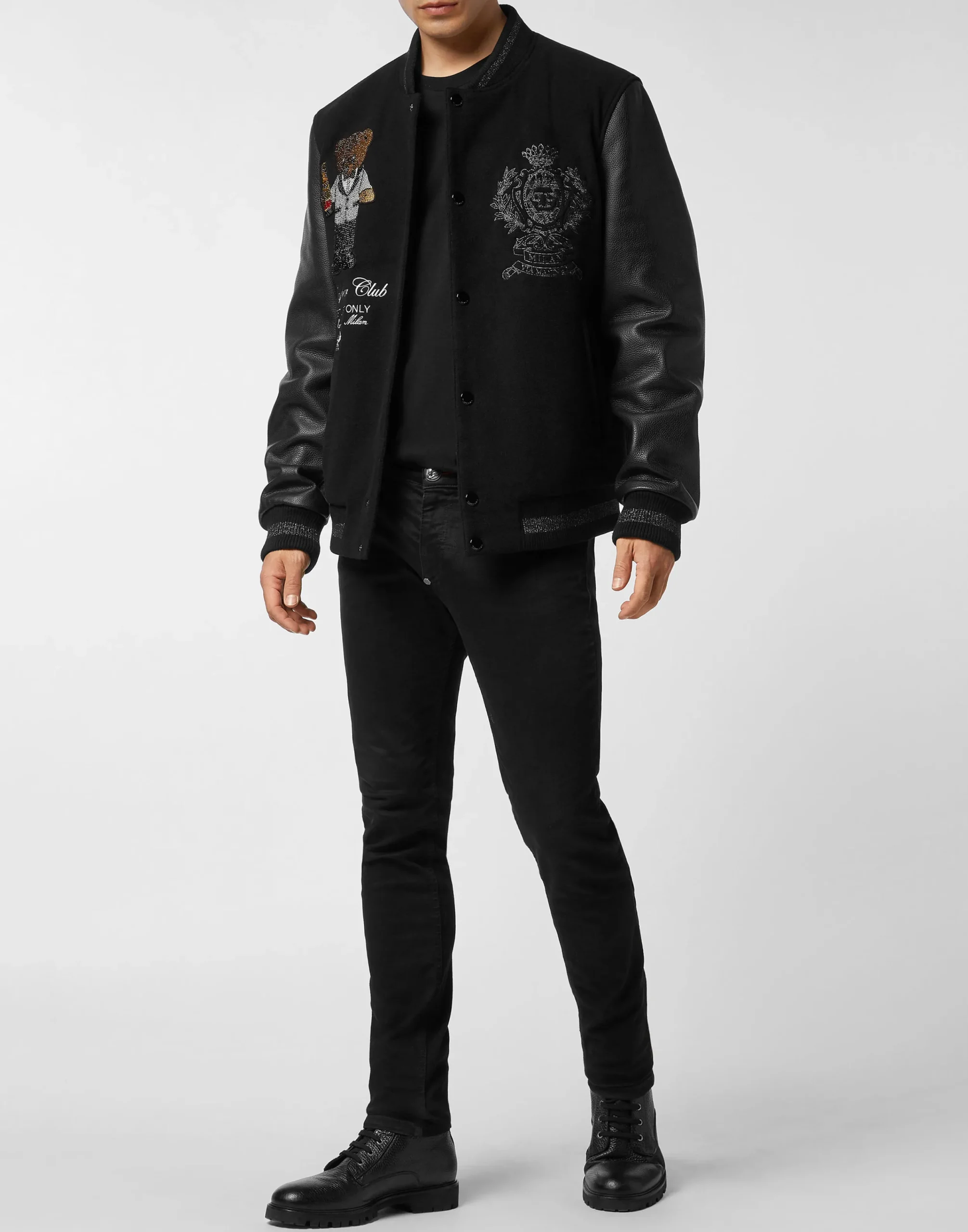 PHILIPP PLEIN Wool & Leather Varsity Bomber Jacket Teddy Stones>Uomo Giacche Di Pelle|Giacche E Cappotti