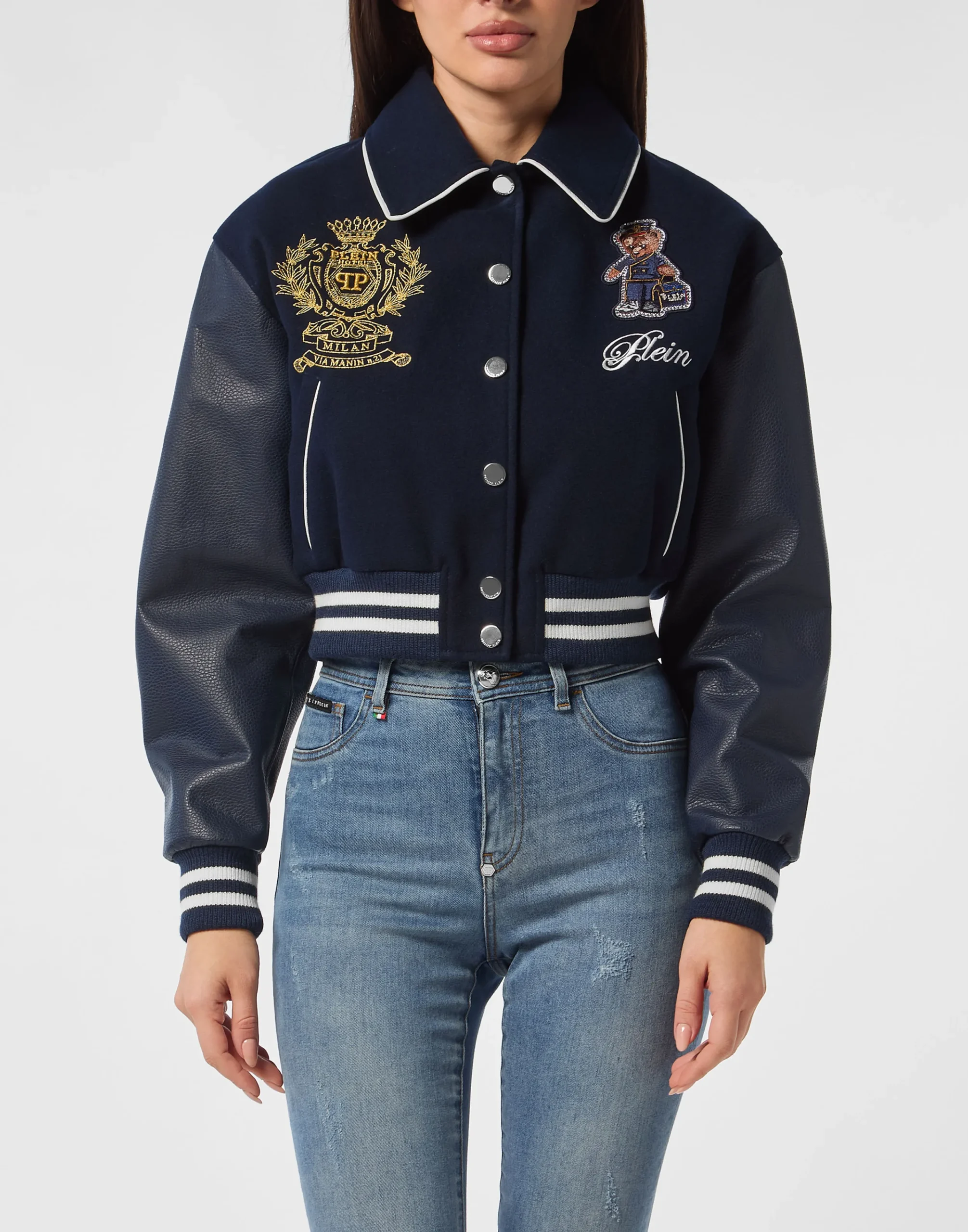 PHILIPP PLEIN Wool and Leather College Bomber Teddy>Donna Pelle E Pellicce|Giubbotti