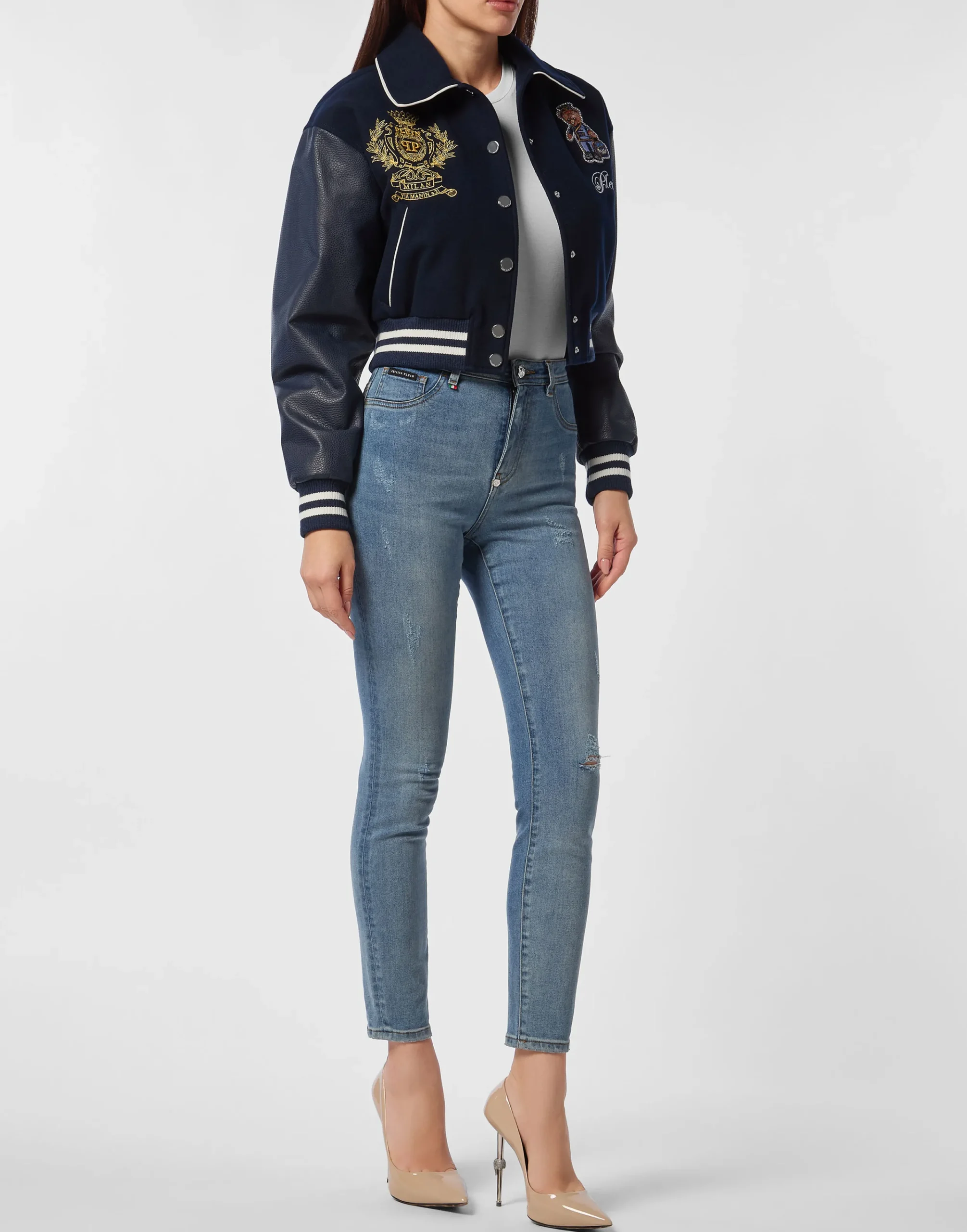 PHILIPP PLEIN Wool and Leather College Bomber Teddy>Donna Pelle E Pellicce|Giubbotti