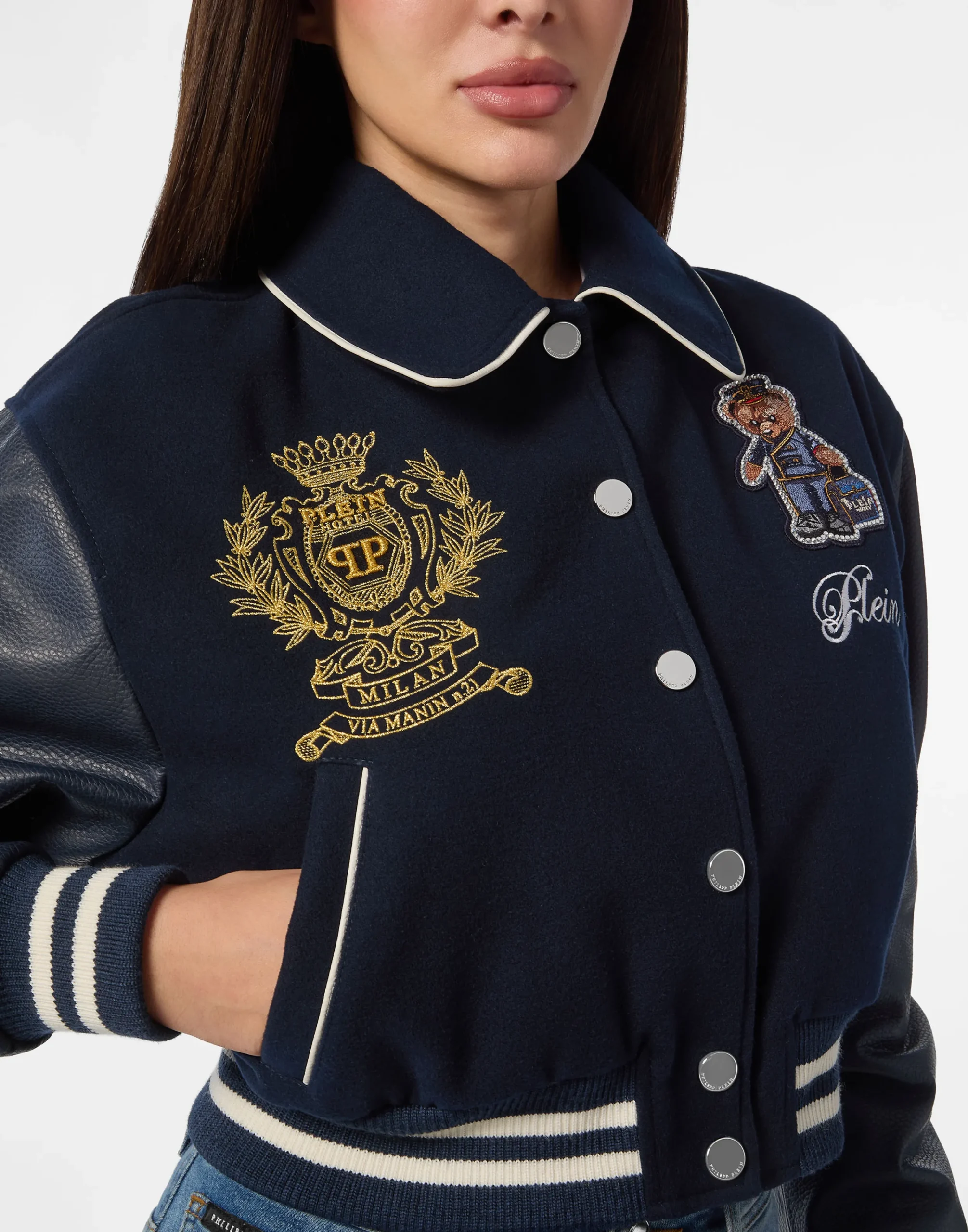 PHILIPP PLEIN Wool and Leather College Bomber Teddy>Donna Pelle E Pellicce|Giubbotti