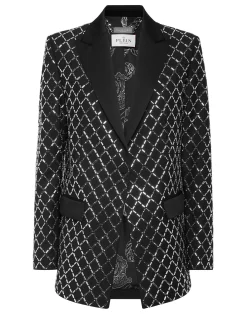 PHILIPP PLEIN Wool and Satin Boyfriend Fit Blazer Crystal Rhombus>Donna Blazer