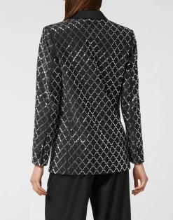 PHILIPP PLEIN Wool and Satin Boyfriend Fit Blazer Crystal Rhombus><noscript><img data-lazyloaded=