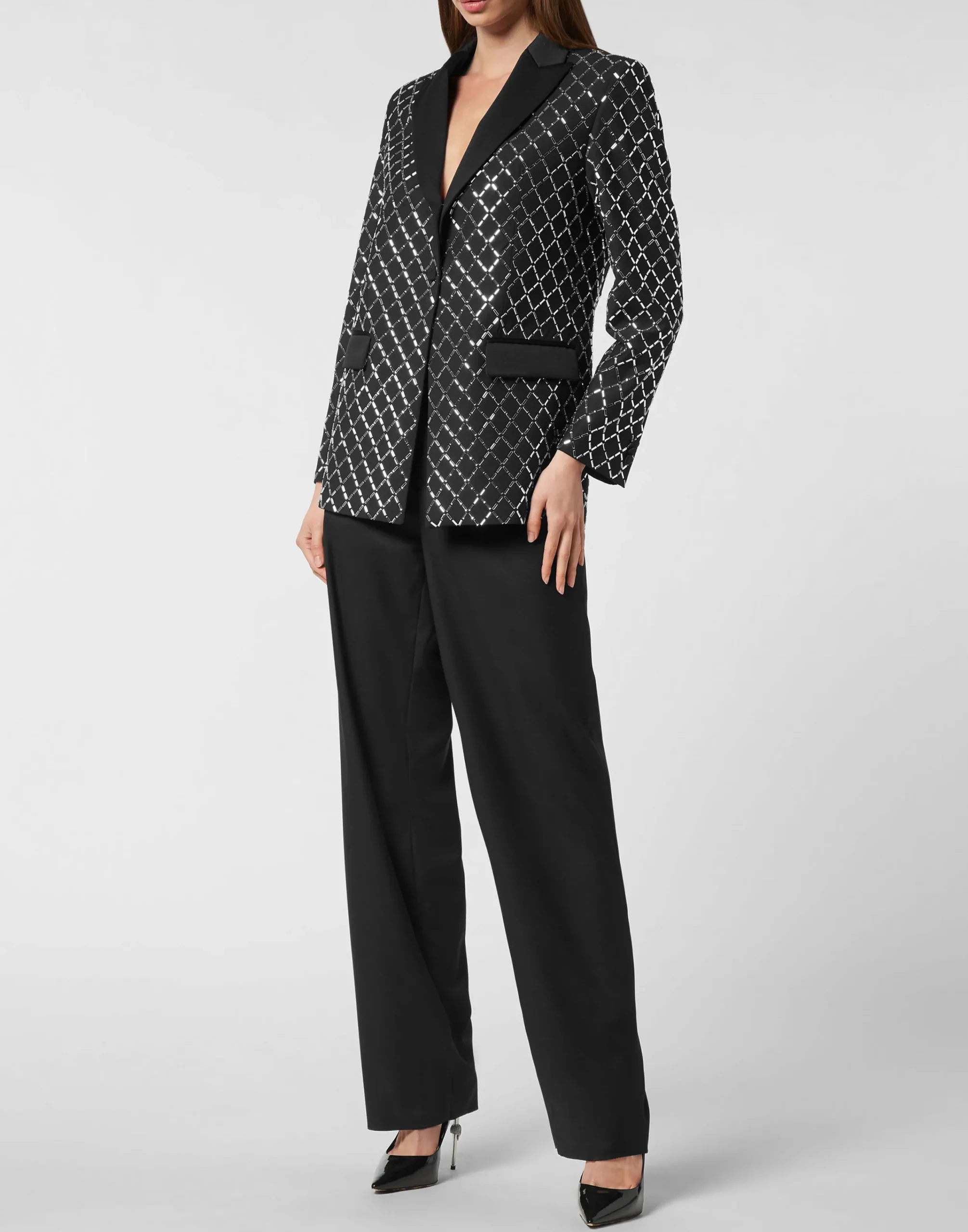 PHILIPP PLEIN Wool and Satin Boyfriend Fit Blazer Crystal Rhombus>Donna Blazer