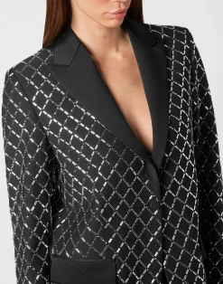 PHILIPP PLEIN Wool and Satin Boyfriend Fit Blazer Crystal Rhombus><noscript><img data-lazyloaded=