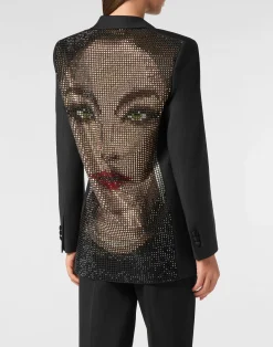 PHILIPP PLEIN Wool Blazer Boyfriend Fit Face Strass><noscript><img data-lazyloaded=