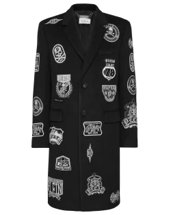 PHILIPP PLEIN Wool Long Coat With Patches>Uomo Giacche E Cappotti