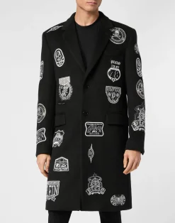 PHILIPP PLEIN Wool Long Coat With Patches>Uomo Giacche E Cappotti