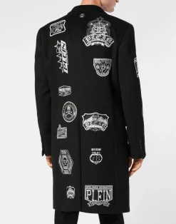 PHILIPP PLEIN Wool Long Coat With Patches><noscript><img data-lazyloaded=