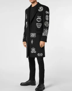 PHILIPP PLEIN Wool Long Coat With Patches><noscript><img data-lazyloaded=
