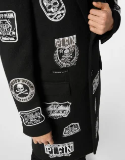 PHILIPP PLEIN Wool Long Coat With Patches><noscript><img data-lazyloaded=