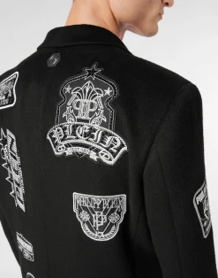 PHILIPP PLEIN Wool Long Coat With Patches><noscript><img data-lazyloaded=