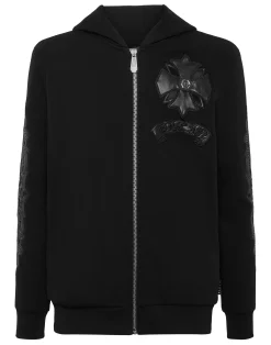 PHILIPP PLEIN Zip Hoodie with Leather Inserts Chrome Crest>Uomo Street Couture