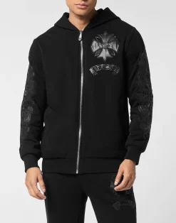 PHILIPP PLEIN Zip Hoodie with Leather Inserts Chrome Crest>Uomo Street Couture
