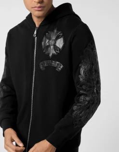 PHILIPP PLEIN Zip Hoodie with Leather Inserts Chrome Crest><noscript><img data-lazyloaded=