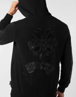 PHILIPP PLEIN Zip Hoodie with Leather Inserts Chrome Crest><noscript><img data-lazyloaded=